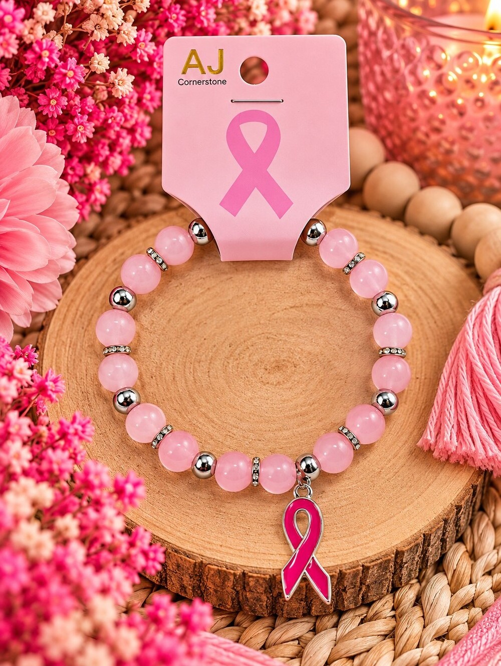 Pink Ribbon Beaded Bracelet